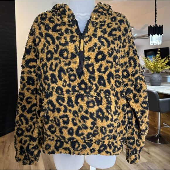 FADE Junior Leopard Print Half-Zip Faux Sherpa Hoodie, Size Large - Picture 4 of 15